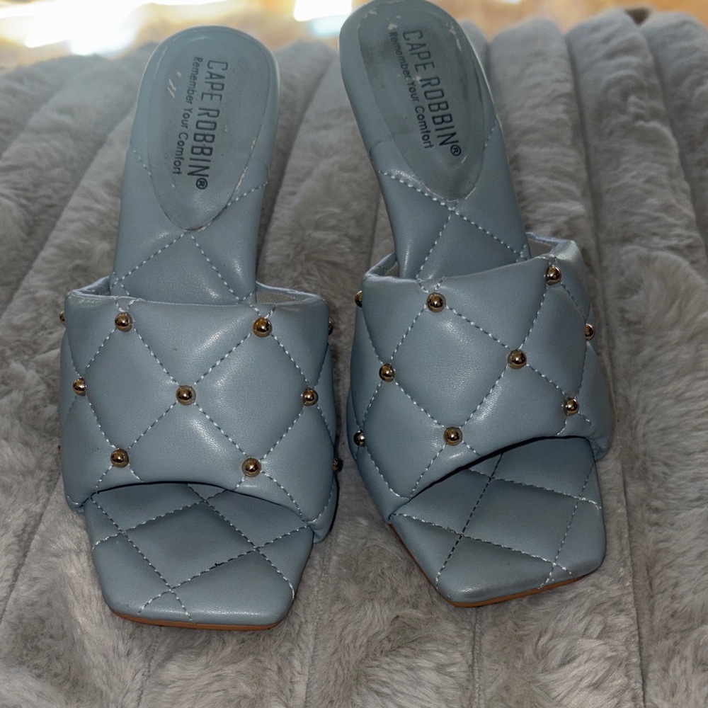 Cape Robbin Sky Blue Quilted Mules with Gold Accents